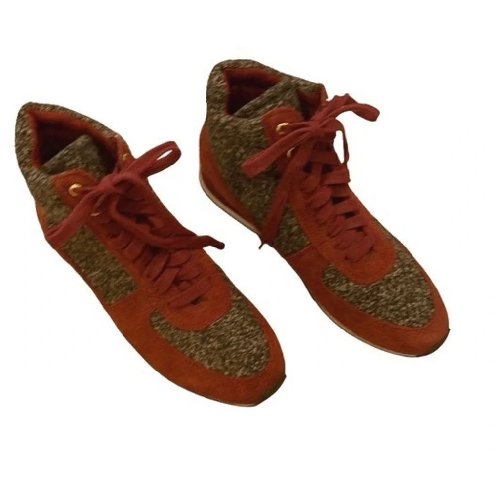 ISAAC MIZRAHI LIVE DESSYE Boot Burgundy Suede Tweed High Top Lace Up Shoes 8.5‎